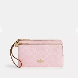 Coach Pink Leather Wristlet Double Zip Pouch